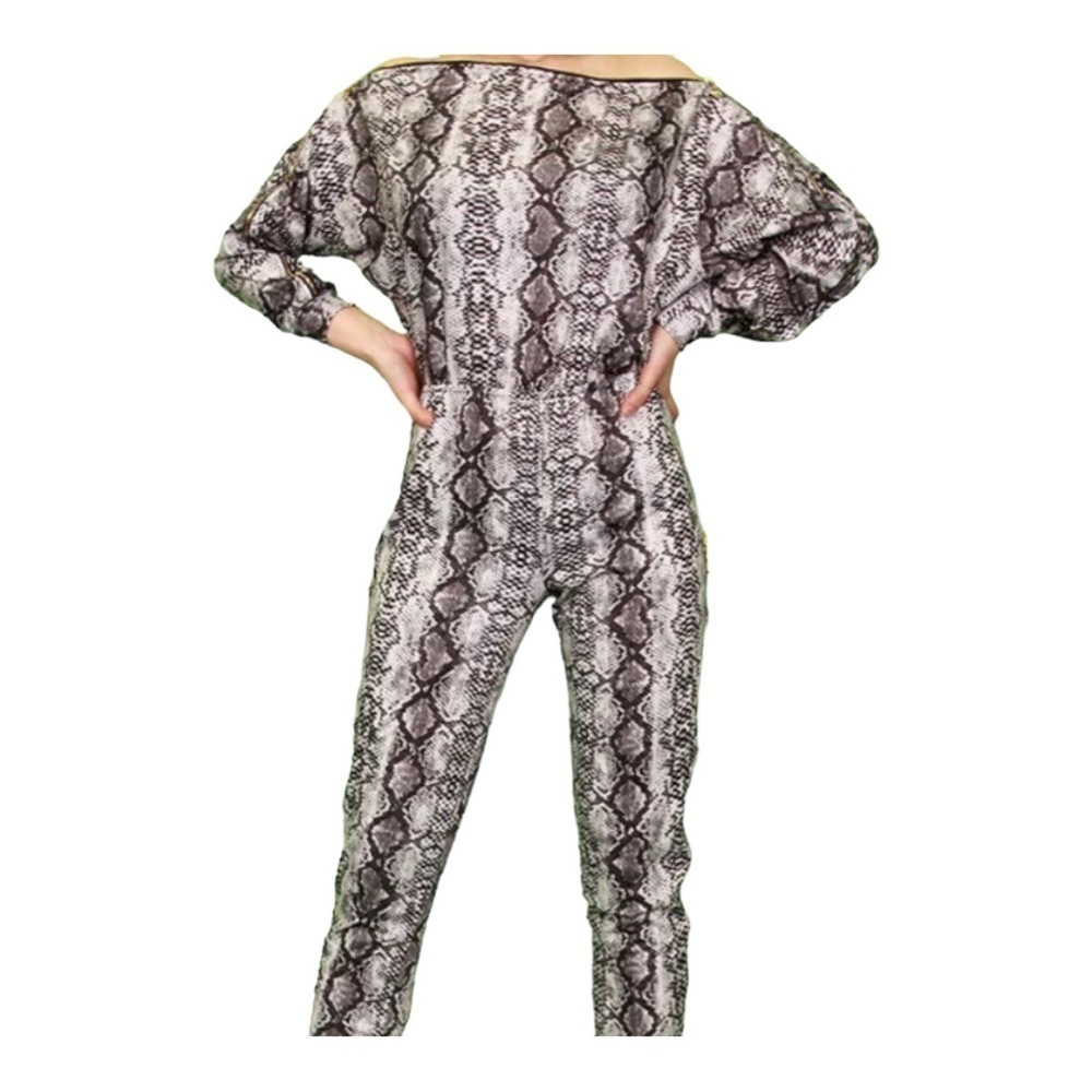 K - Too Deep Brown White (Grayish Brown) Snakeskin Print Zippered Jumpsuit Sz S